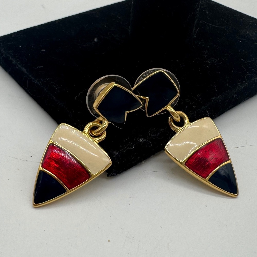 Vintage Trifari Enamel Geometric Drop Earrings Gold Tone Red Blue Cream Dangle